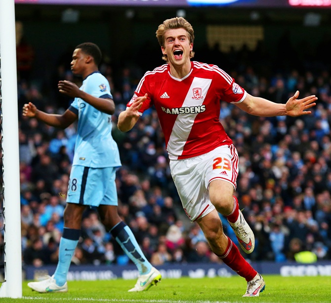 Patrick Bamford of Middlesbrough celebrates after scoring the opening goal during the FA Cup Fourth Round   match against Manchester City