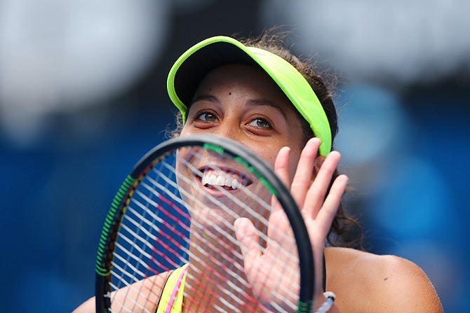 Madison Keys of the United States celebrates winning her quarter-final against compatriot Venus Williams at the 2015 Australian Open at Melbourne Park on Wednesday