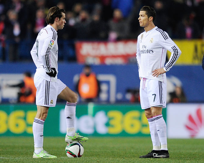 Cristiano Ronaldo and Gareth Bale of Real Madrid get ready for kick-off 