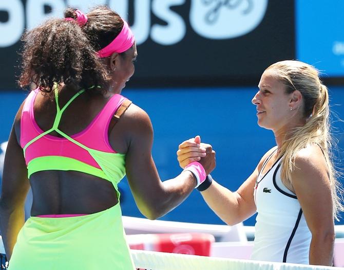 Serena Williams of the United States celebrates winning in her quarterfinal match against Dominika   Cibulkova of Slovakia