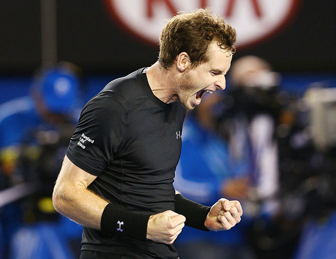 Andy Murray of Great Britain celebrates winning his semifinal match against Tomas Berdych of the Czech Republic on Thursday