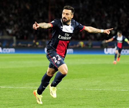 Ezequiel Lavezzi of PSG celebrates a goal