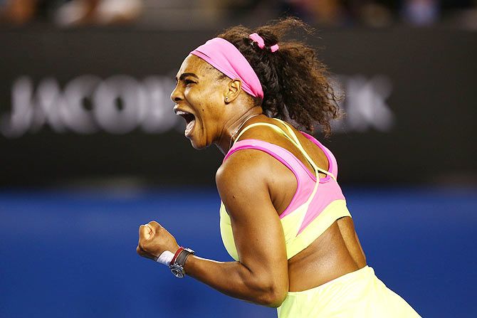 Serena Williams of the United States celebrates winning a point in her women's final match against Maria Sharapova of Russia at the 2015 Australian Open at Melbourne Park on Saturday