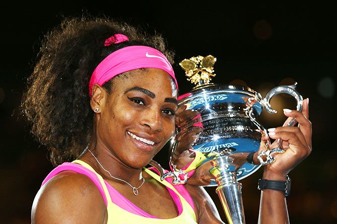 Serena Williams holds the Daphne Akhurst Memorial Cup after winning the 2015 Australian Open women's final against Maria Sharapova