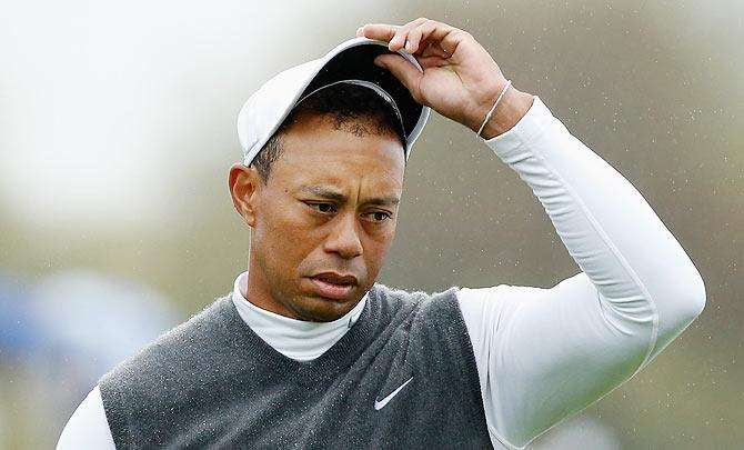 Tiger Woods reacts during the second round of the Waste Management Phoenix Open at TPC Scottsdale in Scottsdale, Arizona, on Friday