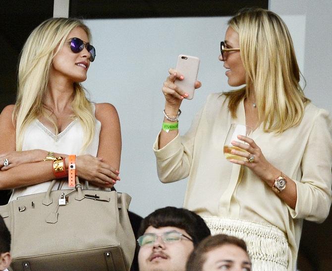 Alex Curran, right, wife of new Los Angeles Galaxy midfielder Steven Gerrard and Claudine Keane wife of Los Angeles Galaxy forward Robbie Keane 