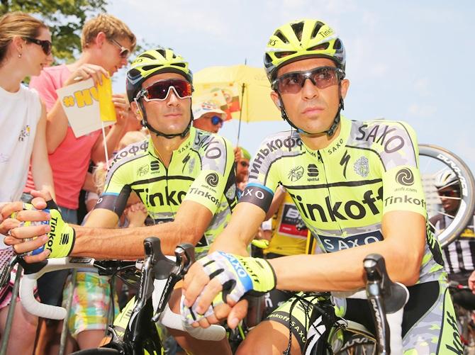 Spain's Alberto Contador,right, and Italy's Ivan Basso