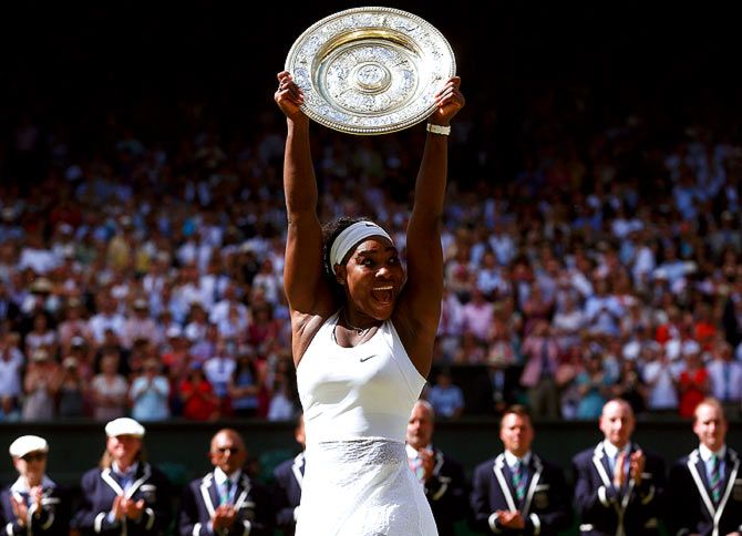 Serena Williams celebrates with the Venus Rosewater Dish after her victory in the 2015 Wimbledon singles final
