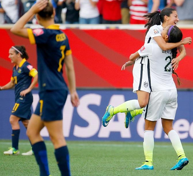 USA's Christen Press celebrates after scoring with teammate Sydney Leroux against Australia 