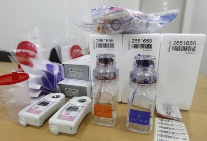 Anti-doping control kits are pictured at an anti-doping control centre