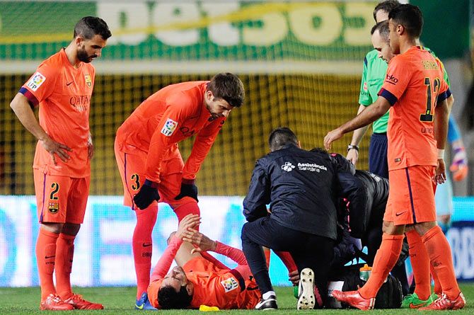 Sergio Busquets of FC Barcelona lies injured during the Copa del Rey second leg semi-final