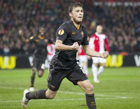 Image: Adem Ljajic of AS Roma celebrates his goal against Feyenoord during their Europa League round of 32 second leg match at the Kuip stadium in Rotterdam on Thursday