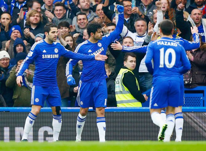 Chelsea's Diego Costa (centre) celebrates scoring the opening goal against Southampton