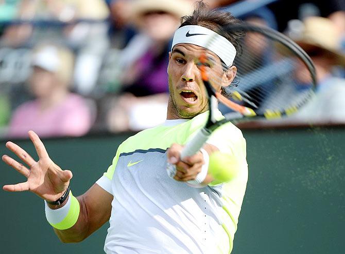 Rafael Nadal during his match against Donald Young (USA) in the BNP Paribas Open at the Indian Wells Tennis Garden on Tuesday