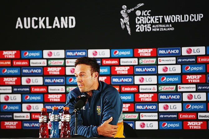 South Africa captain AB de Villiers talks to the media during a press conference at Eden Park in Auckland on Monday