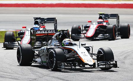 Sergio Perez of Mexico and Force India drives during the Malaysia Formula One Grand Prix at Sepang Circuit in Kuala Lumpur, Malaysia, on Sunday