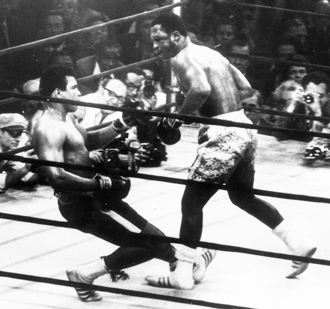  Muhammad Ali goes down in the 15th   round to a left hook from world heavyweight champion Joe Frazier