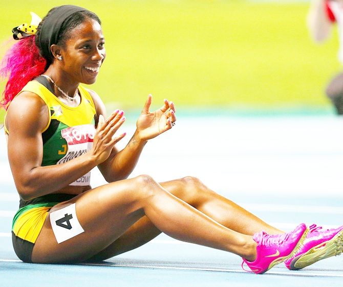 Shelly-Ann Fraser-Pryce of Jamaica celebrates