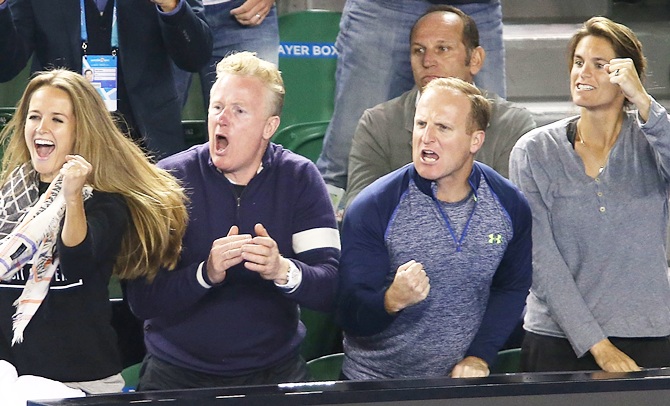 Andy Murray's wife, Kim Sears, left, and coach, Amelie Mauresmo, right, watch him play