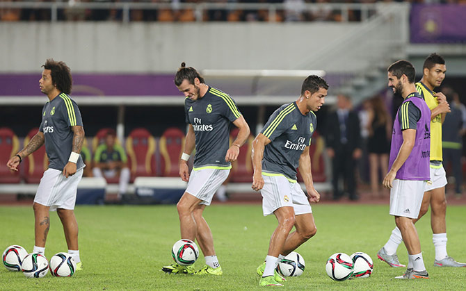 Marcelo, Gareth Bale, Cristiano Ronaldo and Isco of Real Madrid during training 
