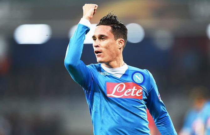 Napoli's Josè Maria Callejon celebrates after scoring goal during their UEFA Europa League Group D match against FC Midtjylland at Stadio San Paolo in Naples