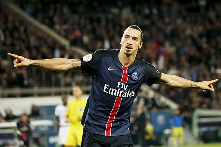 Paris St Germain's Zlatan Ibrahimovic celebrates after scoring a goal against Toulouse during their French Ligue 1 match at the Parc des Princes stadium in Paris on Saturday
