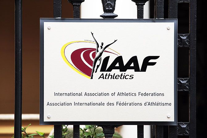 A view shows a plaque at the IAAF (The International Association of Athletics Federations) headquarters in Monaco