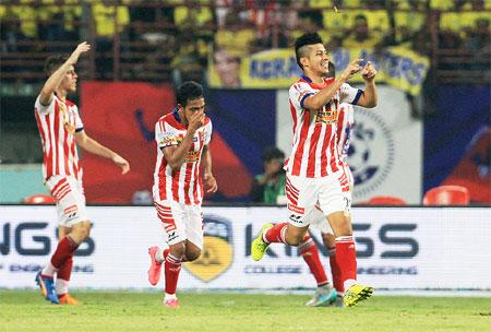 Atletico Kolkata's Arata Izumi celebrates after scoring the winning goal against Kerala Blasters during their Indian Super League match on Tuesday