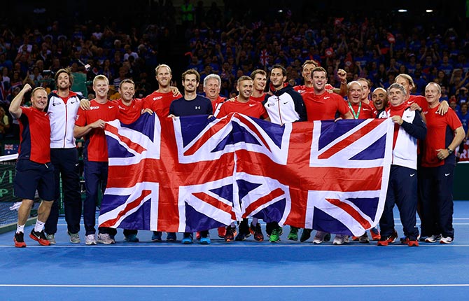 The Great Britain team celebrate reaching the Davis Cup Final 