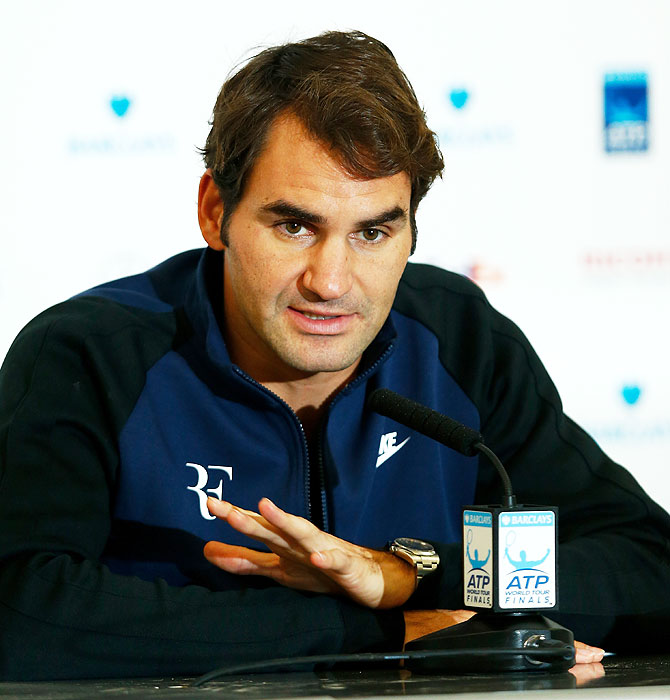 Roger Federer of Switzerland talks to the media during the Barclays ATP World Tour Finals previews at O2 Arena in London on Friday