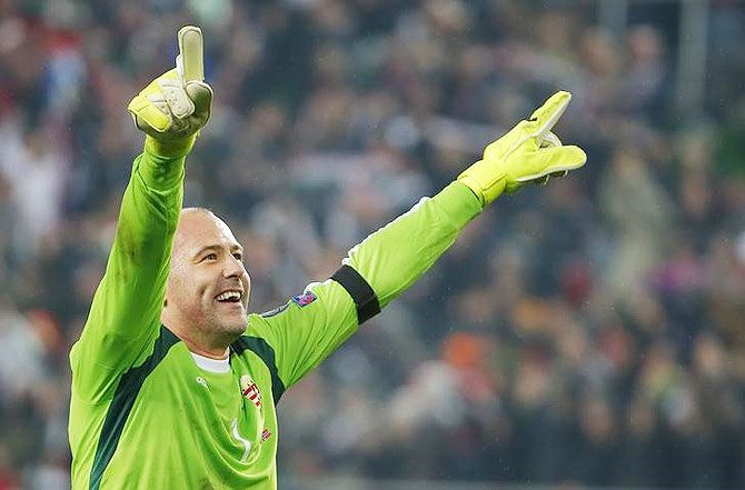 Hungary's goalkeeper Gabor Kiraly reacts after the match