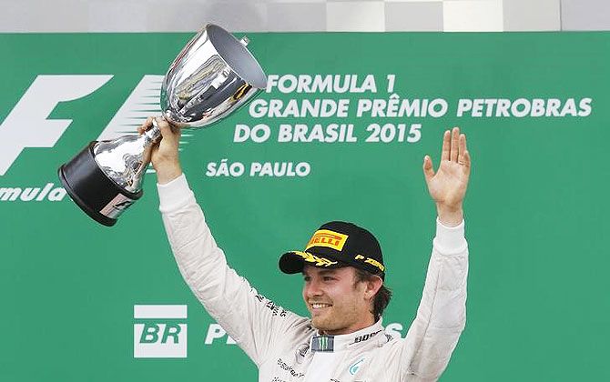 Mercedes Formula One driver Nico Rosberg of Germany celebrates after winning the Brazilian F1 Grand Prix in Sao Paulo on Sunday