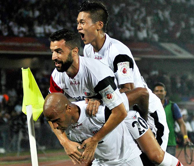 Diomansy Mehdi Moustapha Kamara of North East United FC celebrates his second 