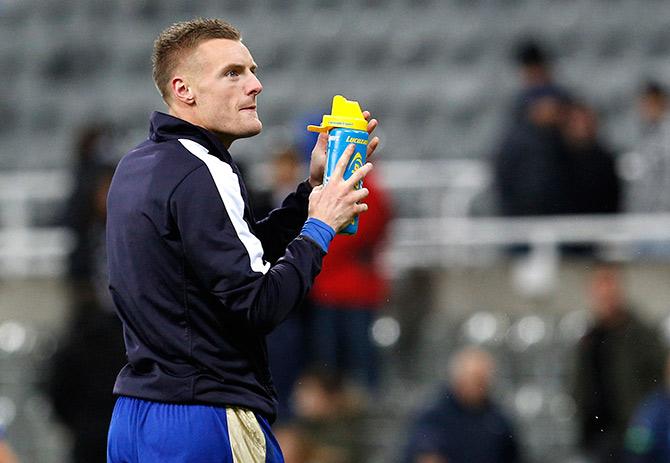 Leicester City's Jamie Vardy celebrates after the game 