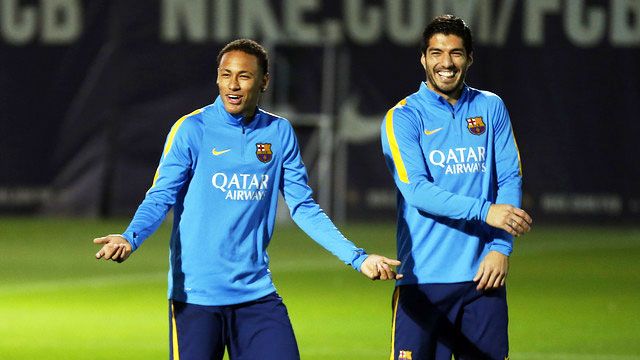 Neymar and Luis Suarez during a FC Barcelona training session