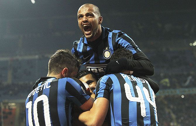  Inter Milan players celebrate a goal against Frosinone Calcio during their Serie A match at Stadio Giuseppe Meazza in Milan on Sunday