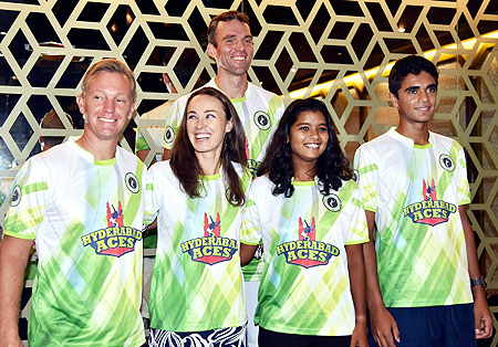Tennis stars Martina Hingis, Ivo Karlovic, Thomas Johanss, Adil Kalyanpur and Sathwika Sama pose for a photograph before a press conference of second season of Champions Tennis League 2015 in Hyderabad on Friday