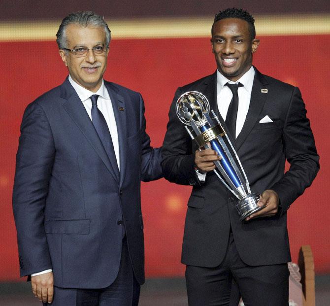 UAE's Ahmed Khalil (right) receives the player of the year award from Asian Football Confederation (AFC) president Shaikh Salman bin Ebrahim Al Khalifa during the AFC annual awards in Gurgaon on Sunday