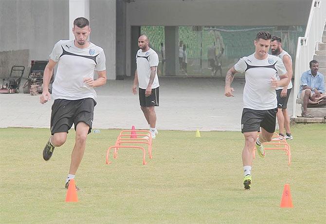 Kerala Blasters' Josue Currais Preito (right) at a pre-season training session in Kochi