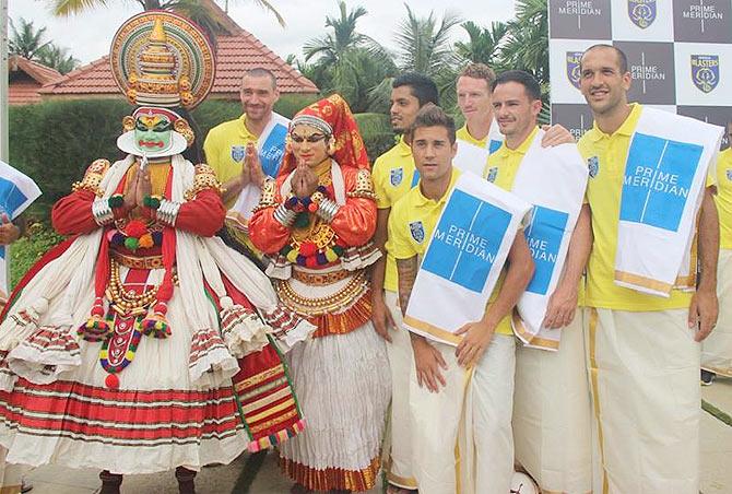 Josue Currais Preito with his Kerala Blasters teammates at an sponsor event on Saturday