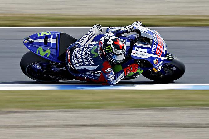 Yamaha MotoGP's Spanish rider Jorge Lorenzo rides at the Twin Ring Motegi circuit ahead of Sunday's Japanese Grand Prix in Motegi, north of Tokyo, in Japan on Saturday