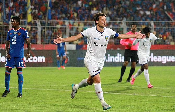 Chennaiyin FC's Elano Blumer celebrates on netting a goal