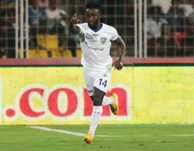 Chennaiyin FC's Stiven Mendoza celebrates after scoring against FC Goa at the Nehru Stadium in Margao on Sunday