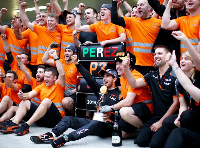  Sergio Perez of Mexico and Force India celebrates with his team