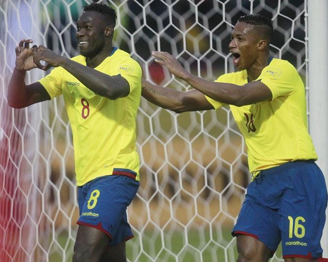 Felipe Caicedo, left, and Antonio Valencia of Ecuador