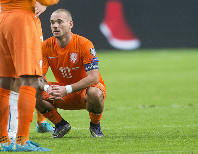 Wesley Sneijder of the Netherlands reacts after the lost match 