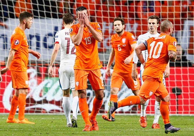 Robin van Persie of the Netherlands (19) reacts during the UEFA EURO 2016 qualifying Group A match against the Czech Republic at Amsterdam Arena 