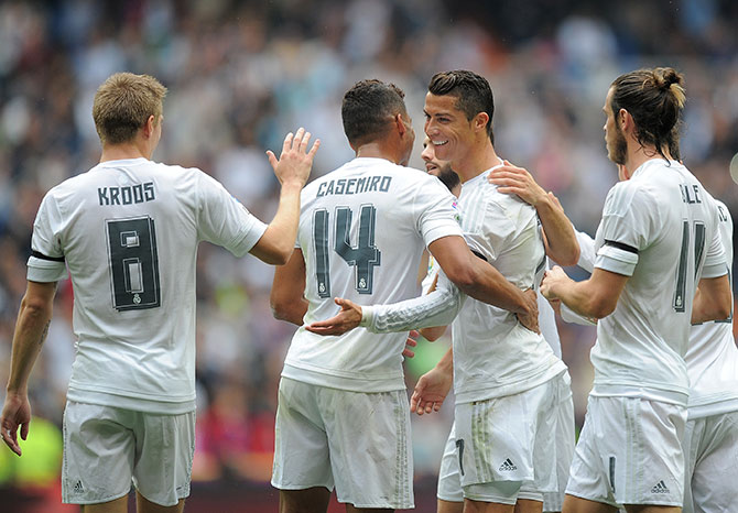 Cristiano Ronaldo of Real Madrid celebrates after scoring Real's second goal 
