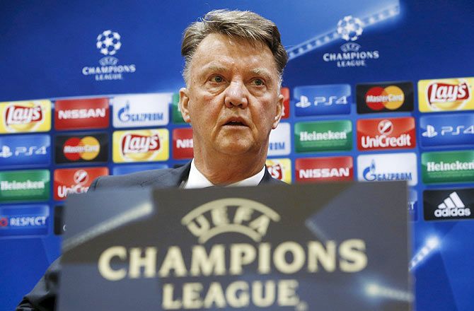 Manchester United's coach Louis van Gaal speaks during a news conference on the eve of their Champions League Group B soccer match against CSKA Moscow at the Arena Khimki stadium outside Moscow on Tuesday