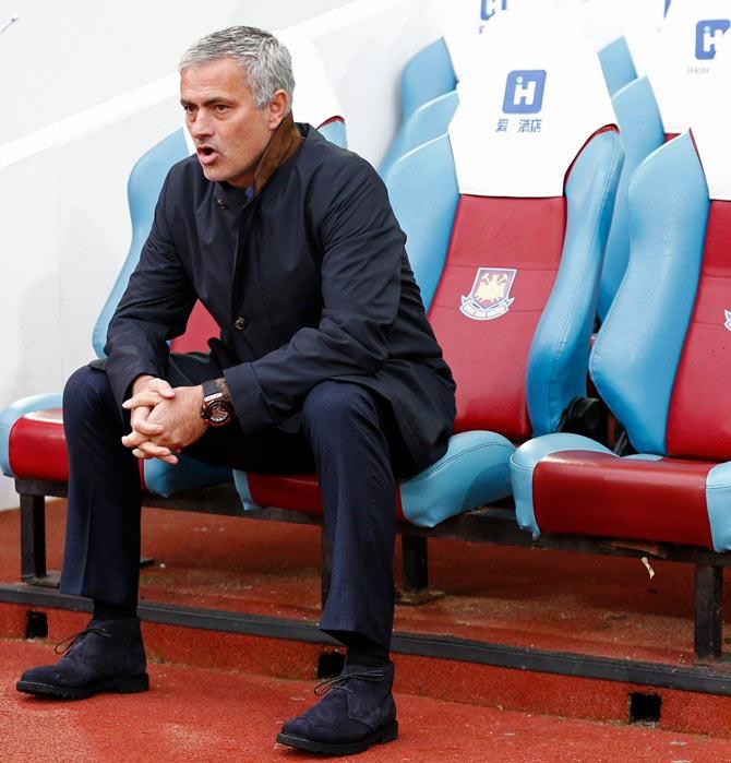 Chelsea manager Jose Mourinho reacts from the stands